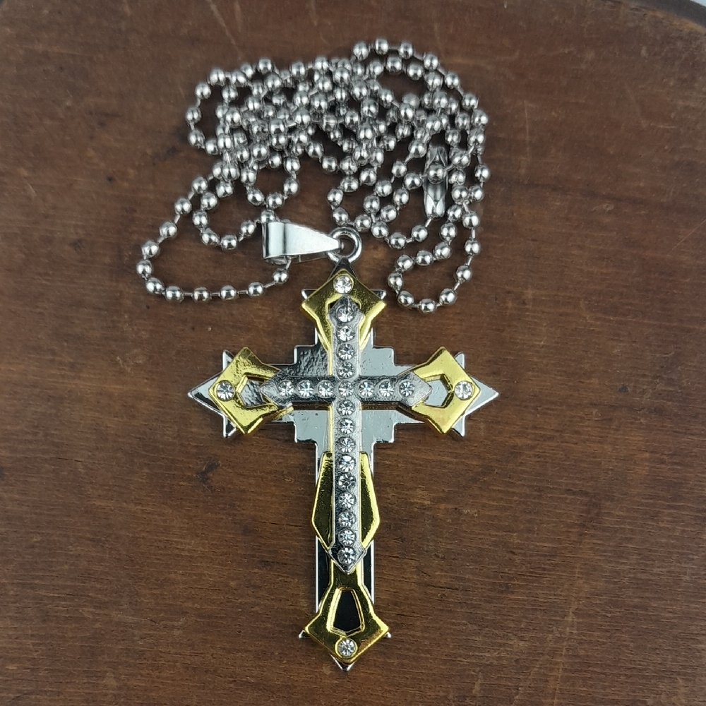 Mens Stainless Steel Gold Silver Cross Pendant Necklace